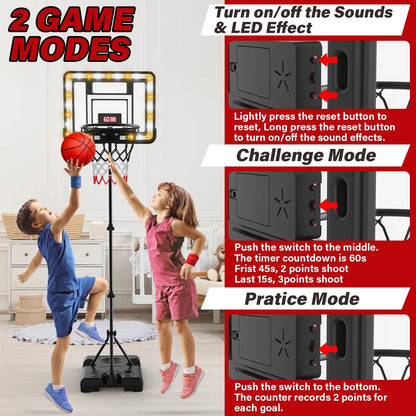 Kids Basketball Hoop with Scoreboard & Timer, Adjustable Height 3Ft-5.8Ft for Young Kids Play Indoor and Outdoor Metal Hoop