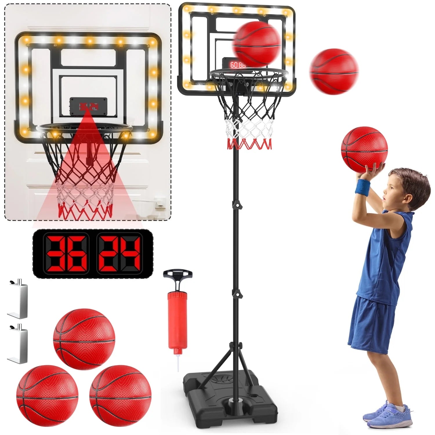 Kids Basketball Hoop with Scoreboard & Timer, Adjustable Height 3Ft-5.8Ft for Young Kids Play Indoor and Outdoor Metal Hoop
