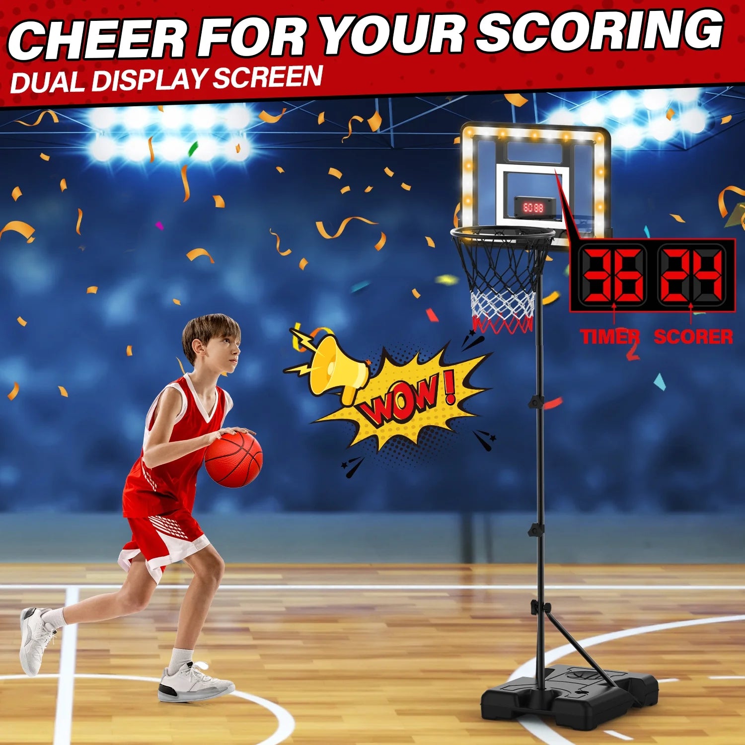 Kids Basketball Hoop with Scoreboard & Timer, Adjustable Height 3Ft-5.8Ft for Young Kids Play Indoor and Outdoor Metal Hoop