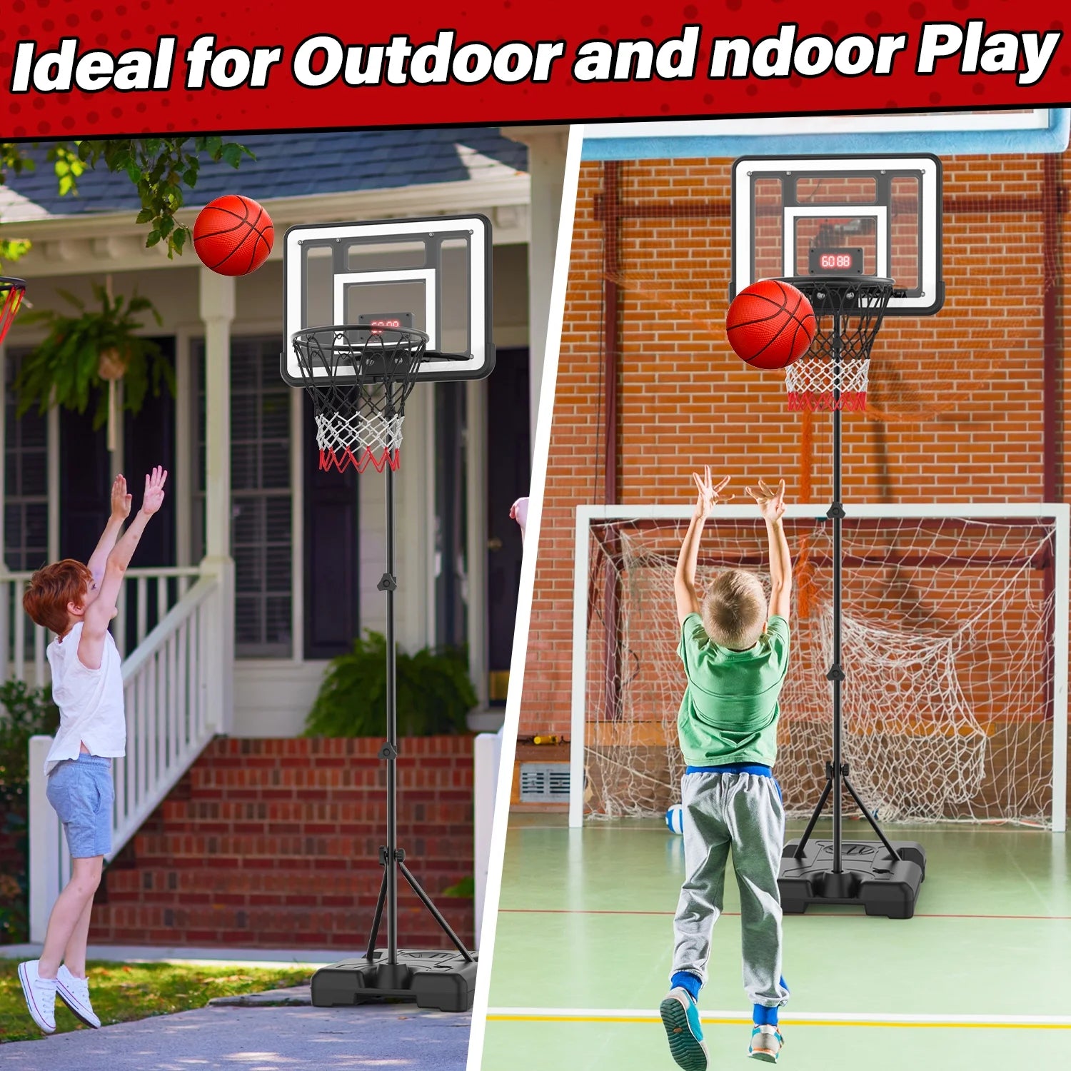 Kids Basketball Hoop with Scoreboard & Timer, Adjustable Height 3Ft-5.8Ft for Young Kids Play Indoor and Outdoor Metal Hoop