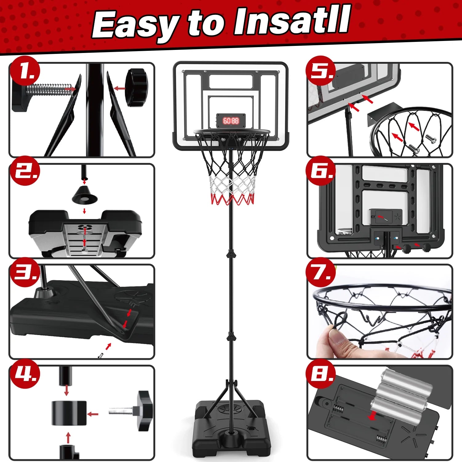 Kids Basketball Hoop with Scoreboard & Timer, Adjustable Height 3Ft-5.8Ft for Young Kids Play Indoor and Outdoor Metal Hoop